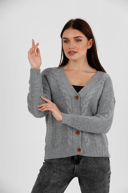 Women's Knitted Cable Knit Cardigan Button Detail by Memnu - MEWS846