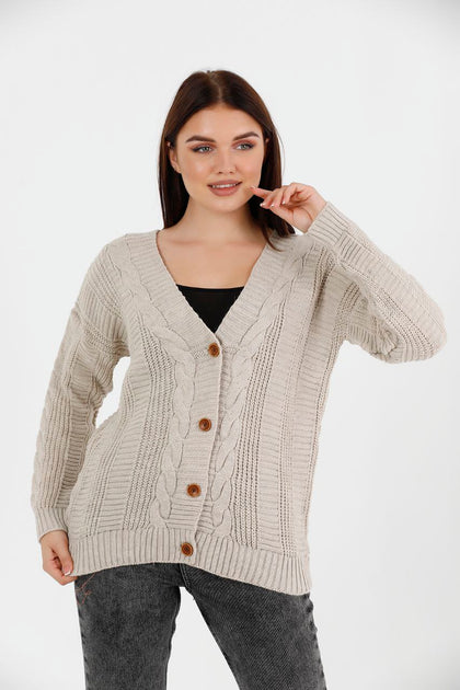 Women's Knitted Cable Knit Cardigan Button Detail by Memnu - MEWS847