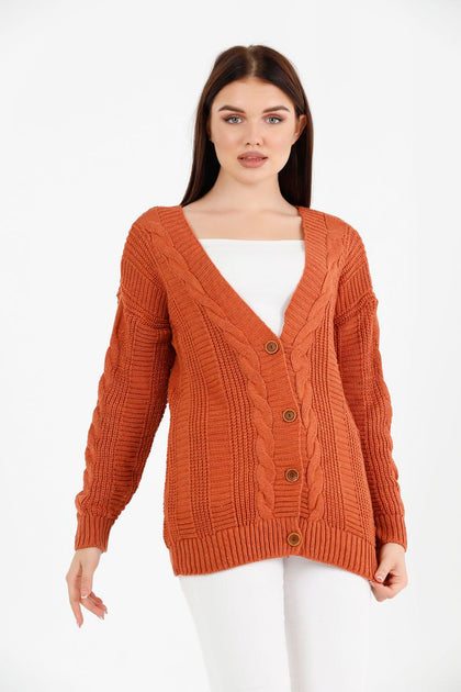 Women's Knitted Cable Knit Cardigan Button Detail by Memnu - MEWS849