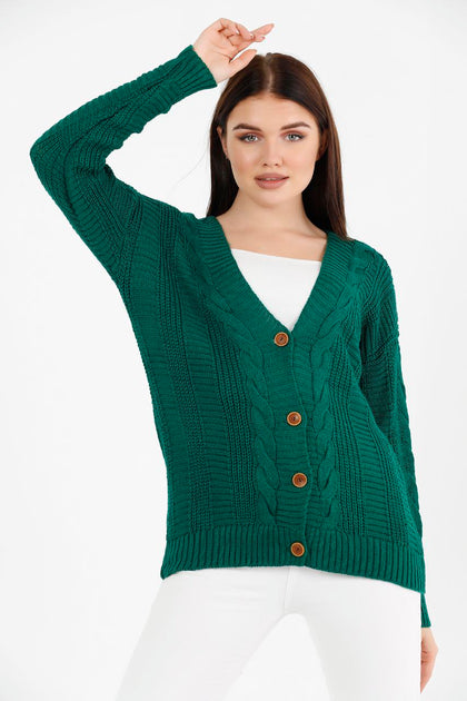 Women's Knitted Cable Knit Cardigan Button Detail by Memnu - MEWS850