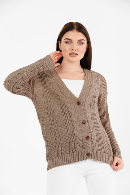 Women's Knitted Cable Knit Cardigan Button Detail by Memnu - MEWS852