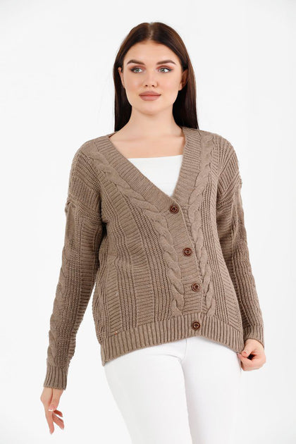 Women's Knitted Cable Knit Cardigan Button Detail by Memnu - MEWS852