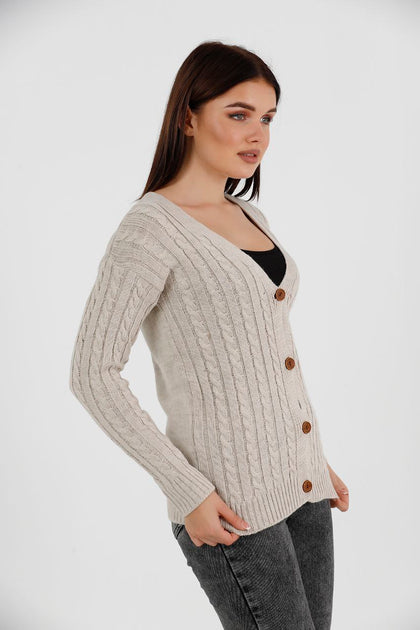 Women's Knitted Cable Knit Cardigan Button Detail by Memnu - MEWS862