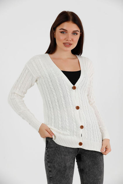 Women's Knitted Cable Knit Cardigan Button Detail by Memnu - MEWS863