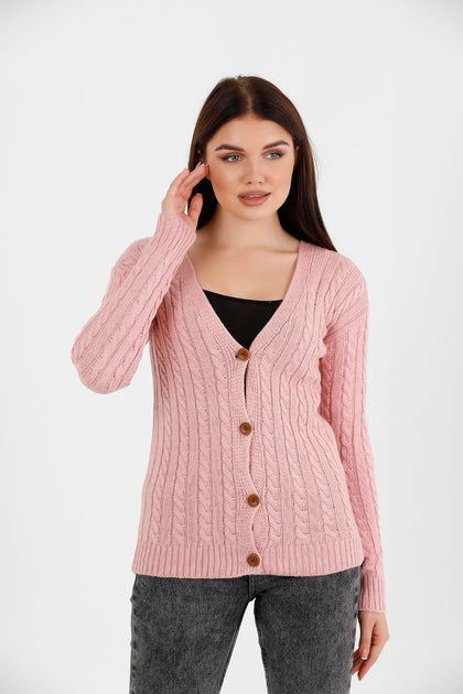 Women's Knitted Cable Knit Cardigan Button Detail by Memnu - MEWS864