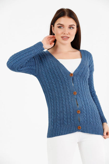 Women's Knitted Cable Knit Cardigan Button Detail by Memnu - MEWS865