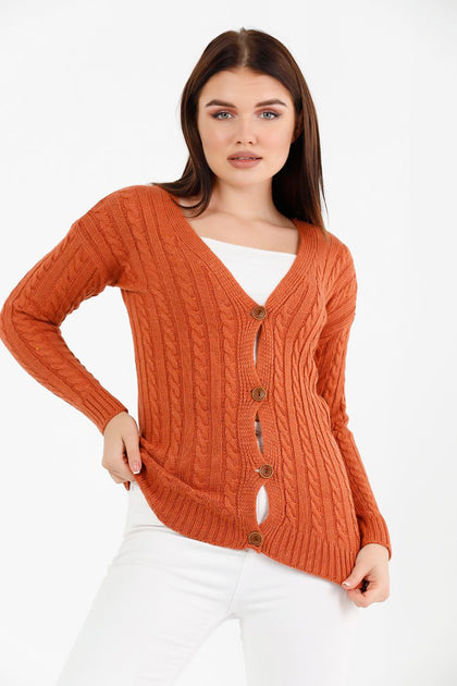 Women's Knitted Cable Knit Cardigan Button Detail by Memnu - MEWS866