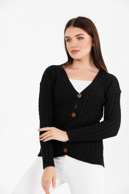 Women's Knitted Cable Knit Cardigan Button Detail by Memnu - MEWS867