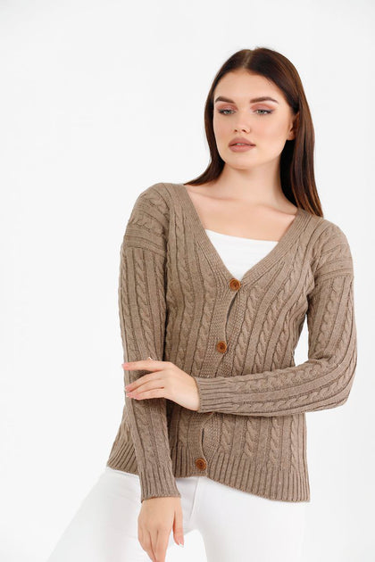 Women's Knitted Cable Knit Cardigan Button Detail by Memnu - MEWS868