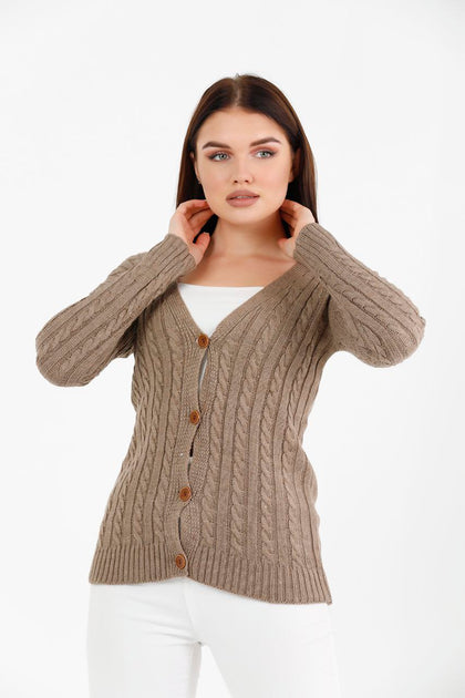 Women's Knitted Cable Knit Cardigan Button Detail by Memnu - MEWS868