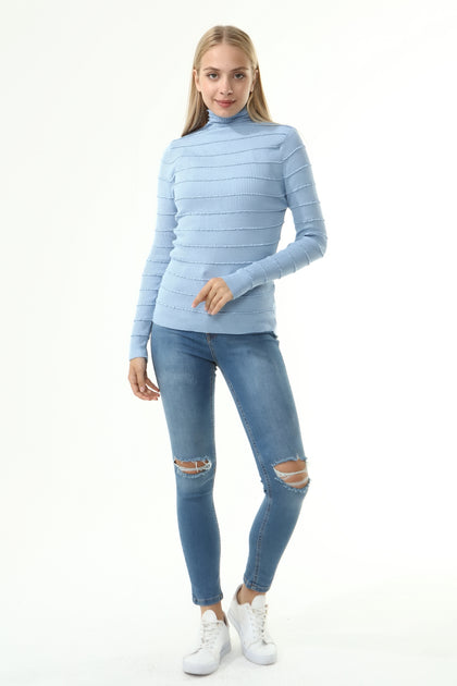 Women's High Neck Textured Detail Sweater by Memnu - MEWS254