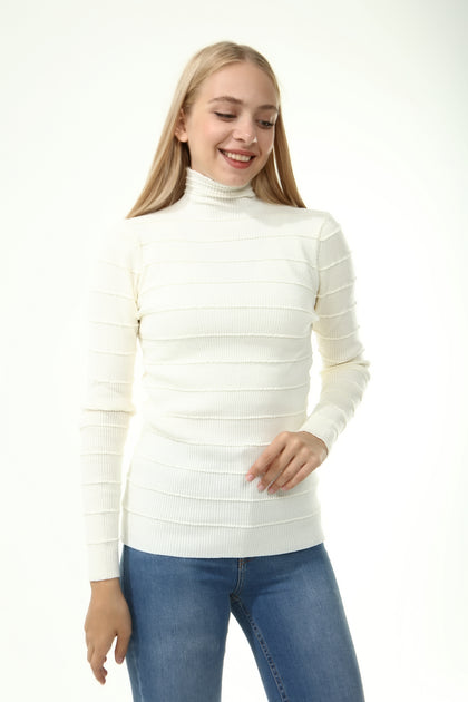 Women's High Neck Textured Detail Sweater by Memnu - MEWS223