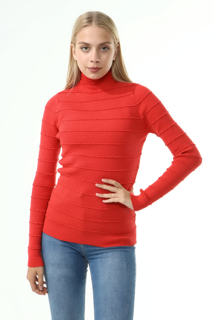 Women's High Neck Textured Detail Sweater by Memnu - MEWS224