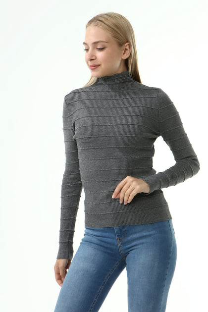 Women's High Neck Textured Detail Sweater by Memnu - MEWS225