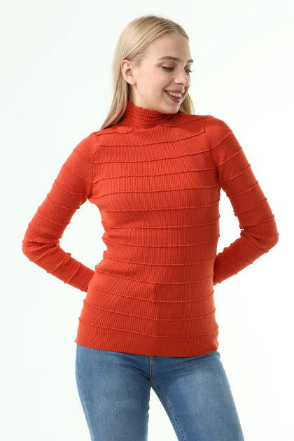 Women's High Neck Textured Detail Sweater by Memnu - MEWS231