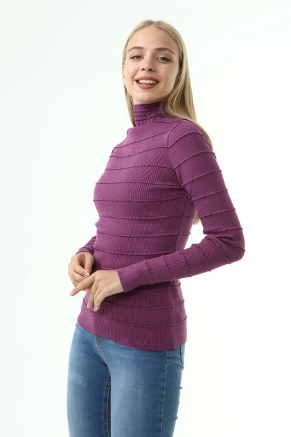 Women's High Neck Textured Detail Sweater by Memnu - MEWS227