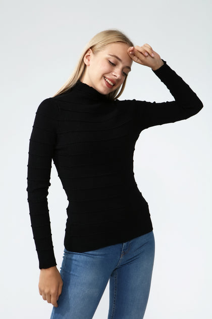 Women's High Neck Textured Detail Sweater by Memnu - MEWS230