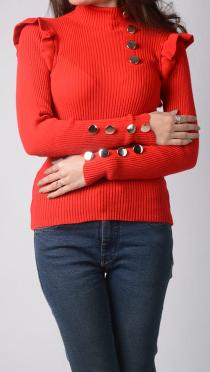 Women's High Neck Knitted Button Detail Sweater by Memnu - MEWS133