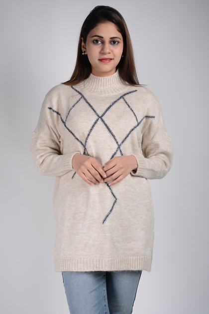 Women's Knitted High Neck Woven Design Sweater by Memnu - MEWS27