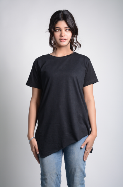 Women's Plain Asymmetric Raw Hem Cotton T-Shirt MEPST7