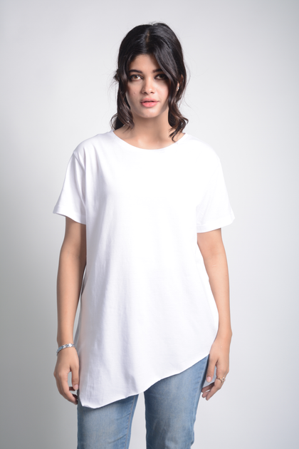 Women's Plain Oversized Asymmetric Raw Hem Cotton T-Shirt MEPST8