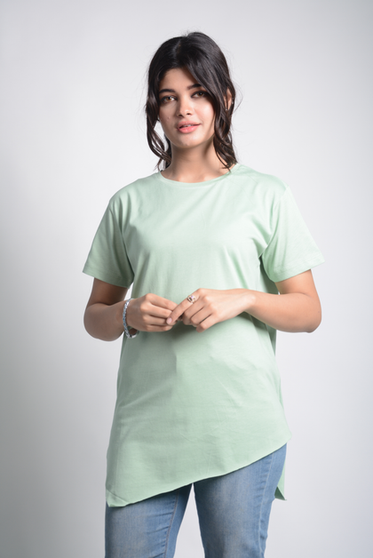 Women's Plain Oversized Asymmetric Raw Hem Cotton T-Shirt MEPST9