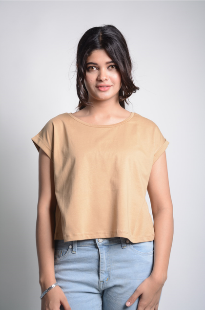 Women's Plain Fold Sleeve Crop Cotton T-Shirt MEPST13